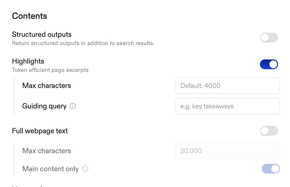 Exa — Settings panel component