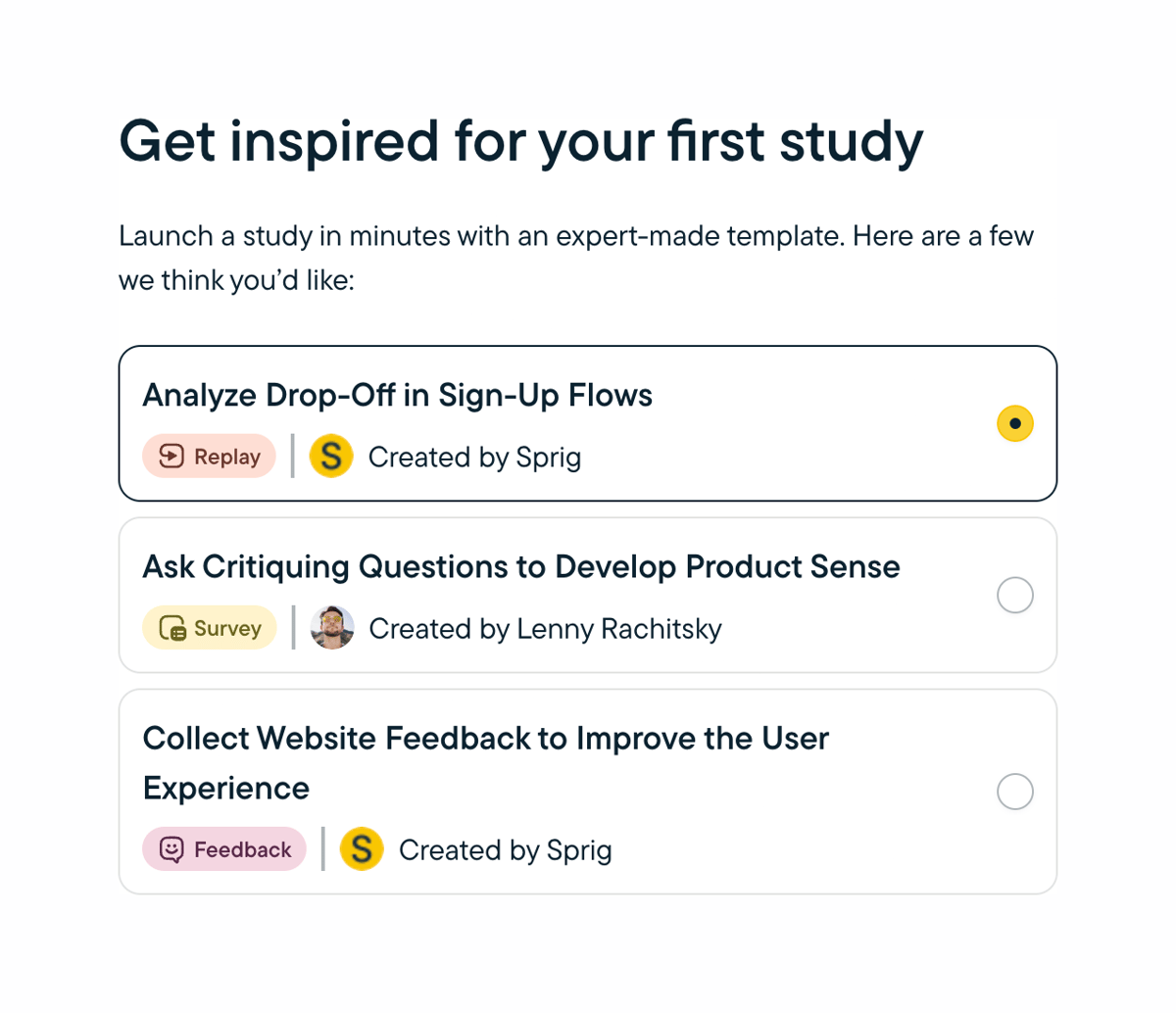 Sprig
			template selection user research ui component