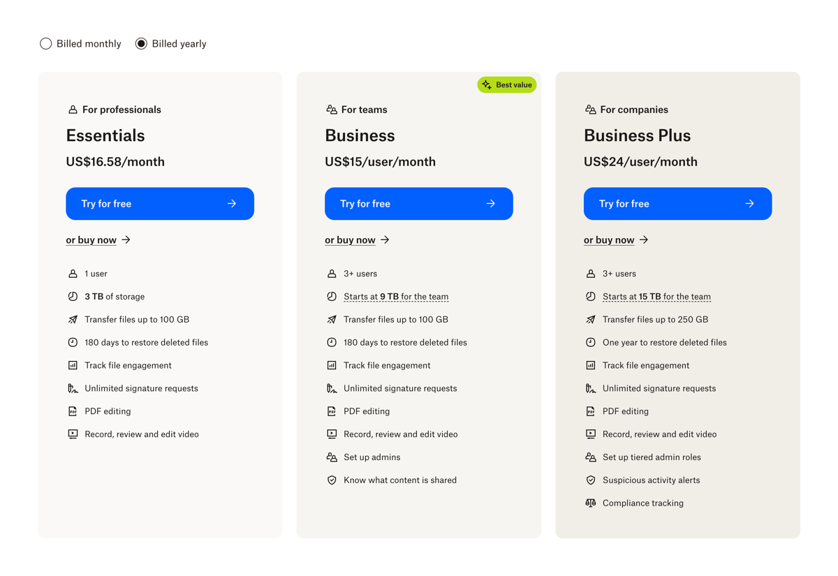 Dropbox
				pricing section ui component