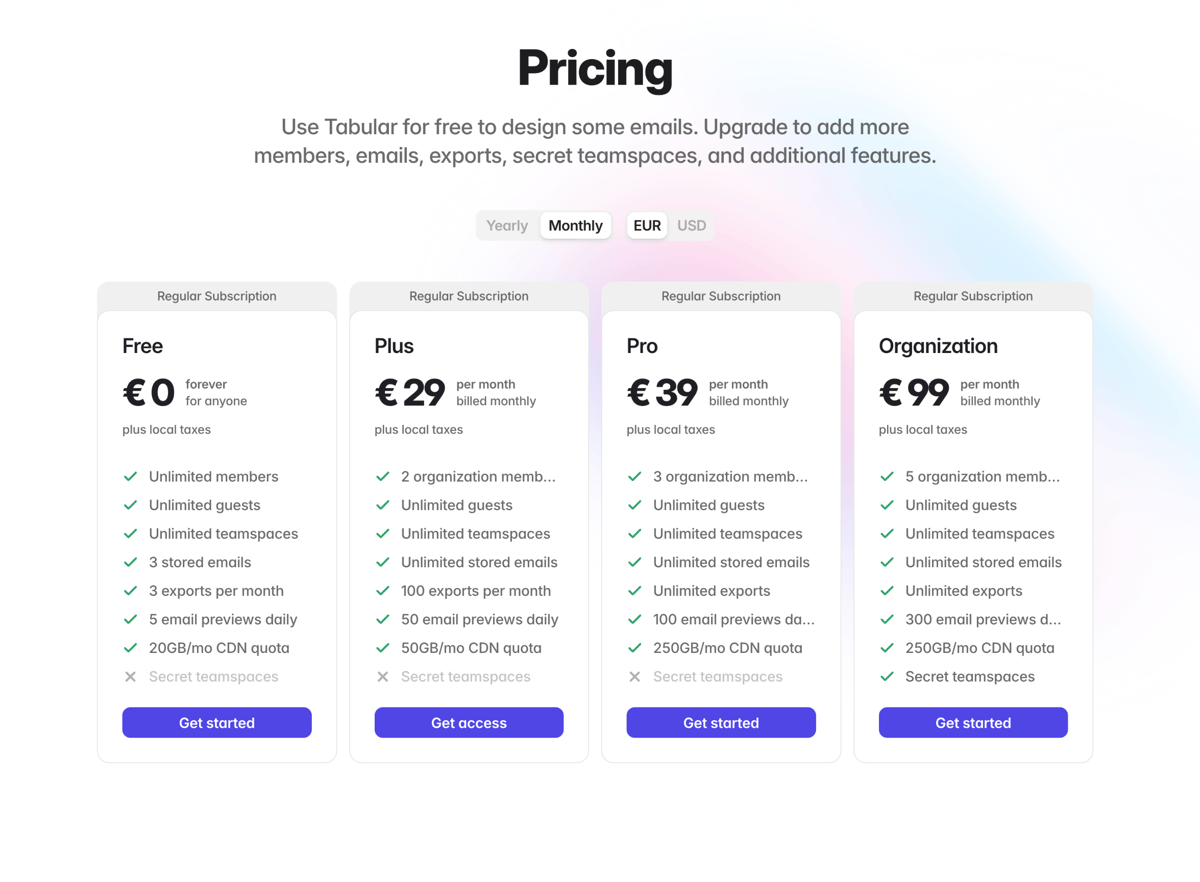 Tabular
				pricing section ui component