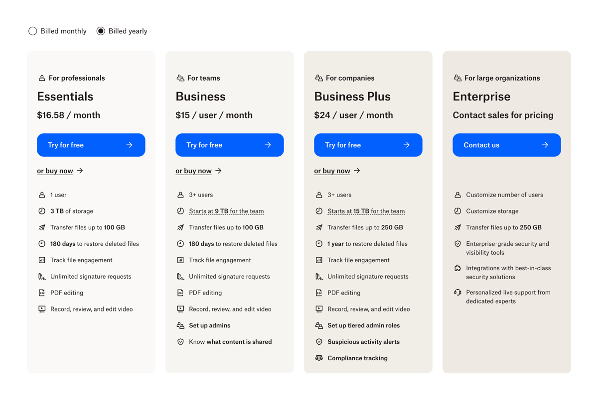 Dropbox
				pricing section ui component