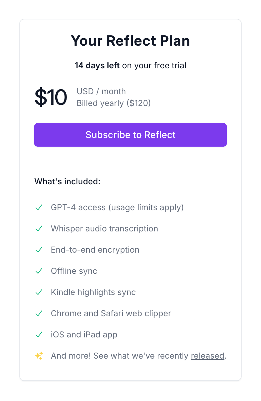 Reflect
				pricing section ui component