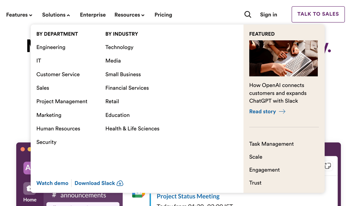 Slack
				flyout menu ui component