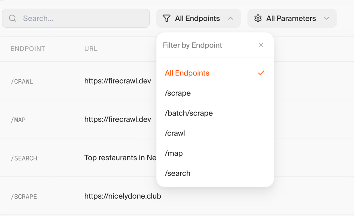 Firecrawl
				sorting & filtering ui component