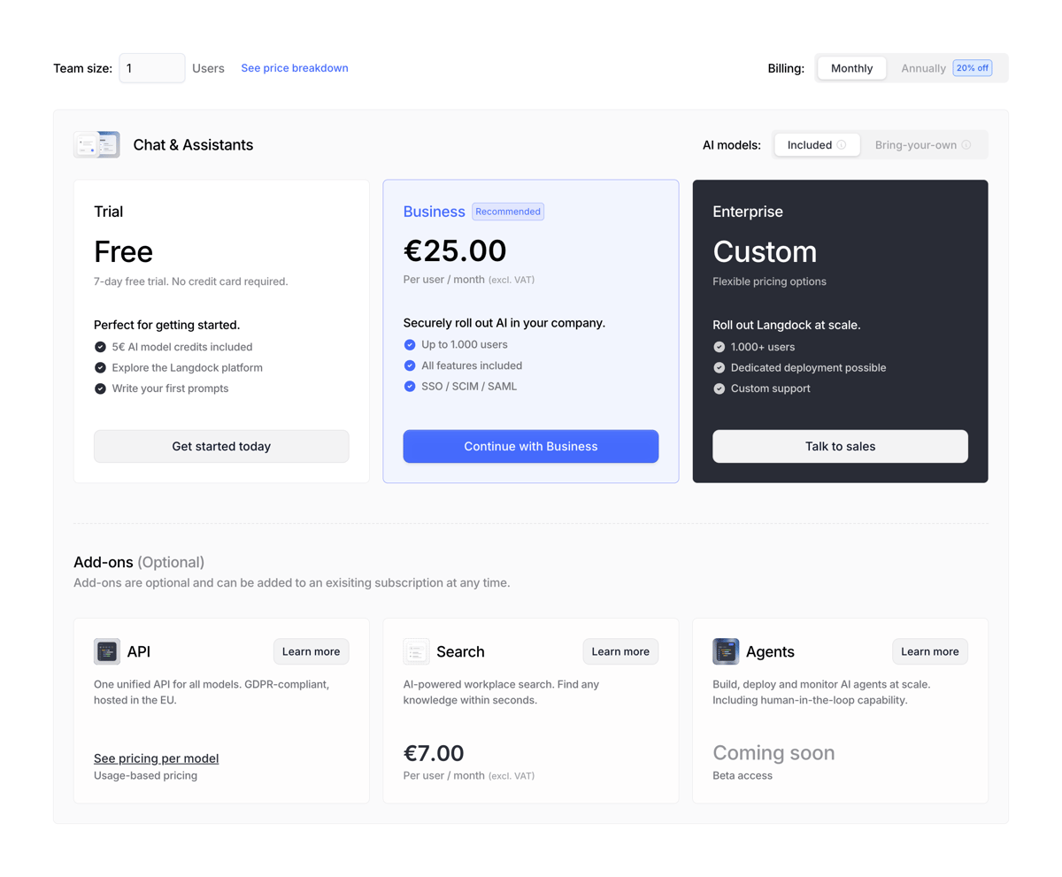 Langdock
				pricing section ui component