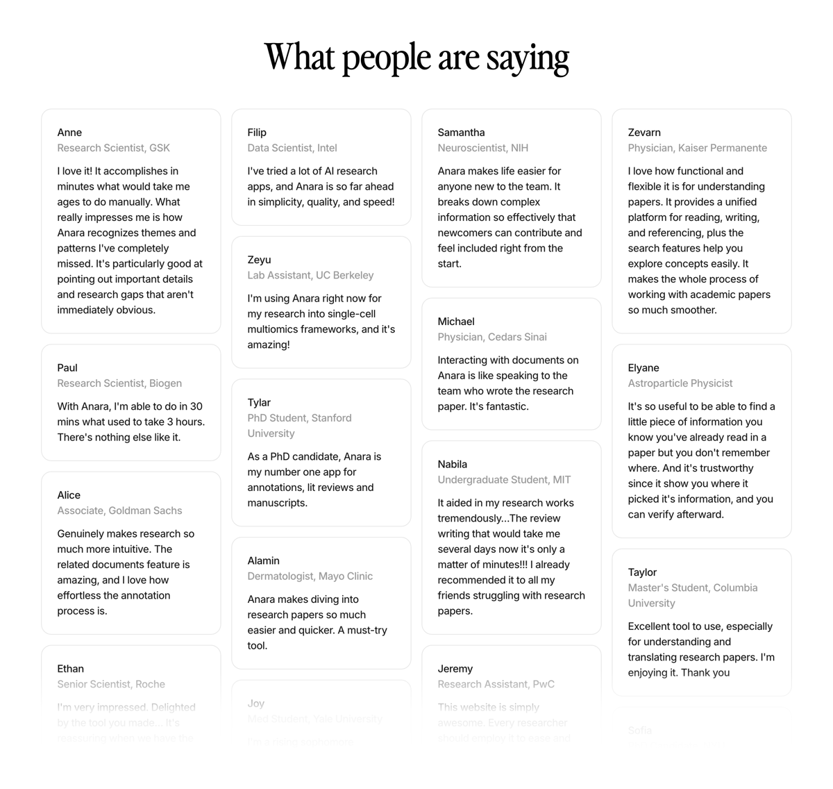 Anara
			card layout user feedback finance data analysis testimonials research ui component