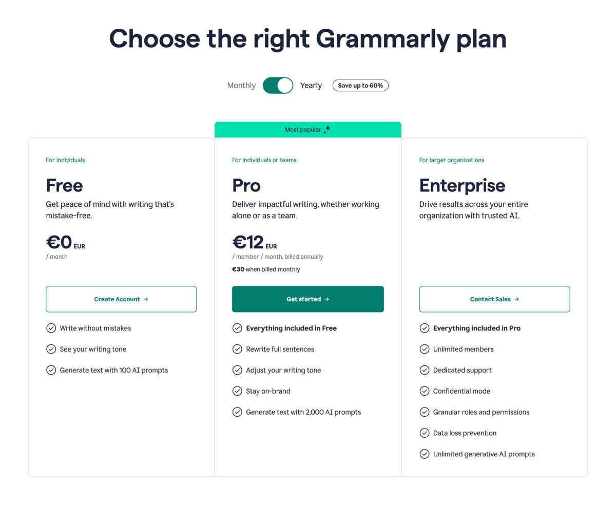 Grammarly
			plan comparison ui component