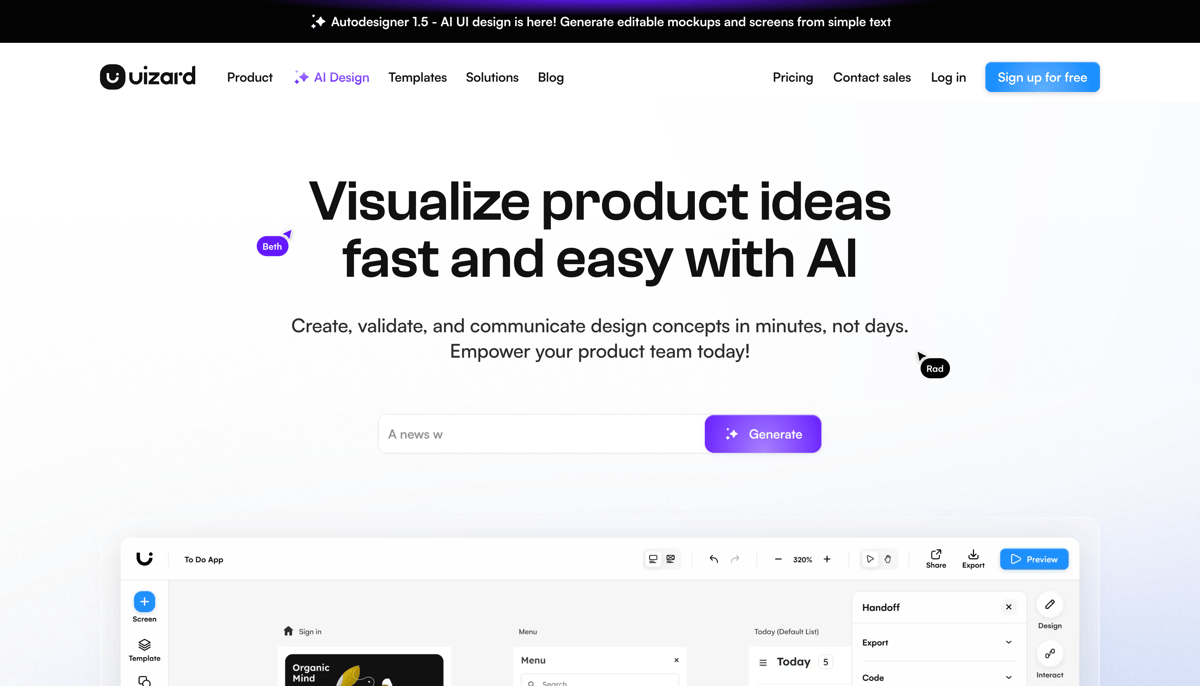 Uizard
				hero section ui component