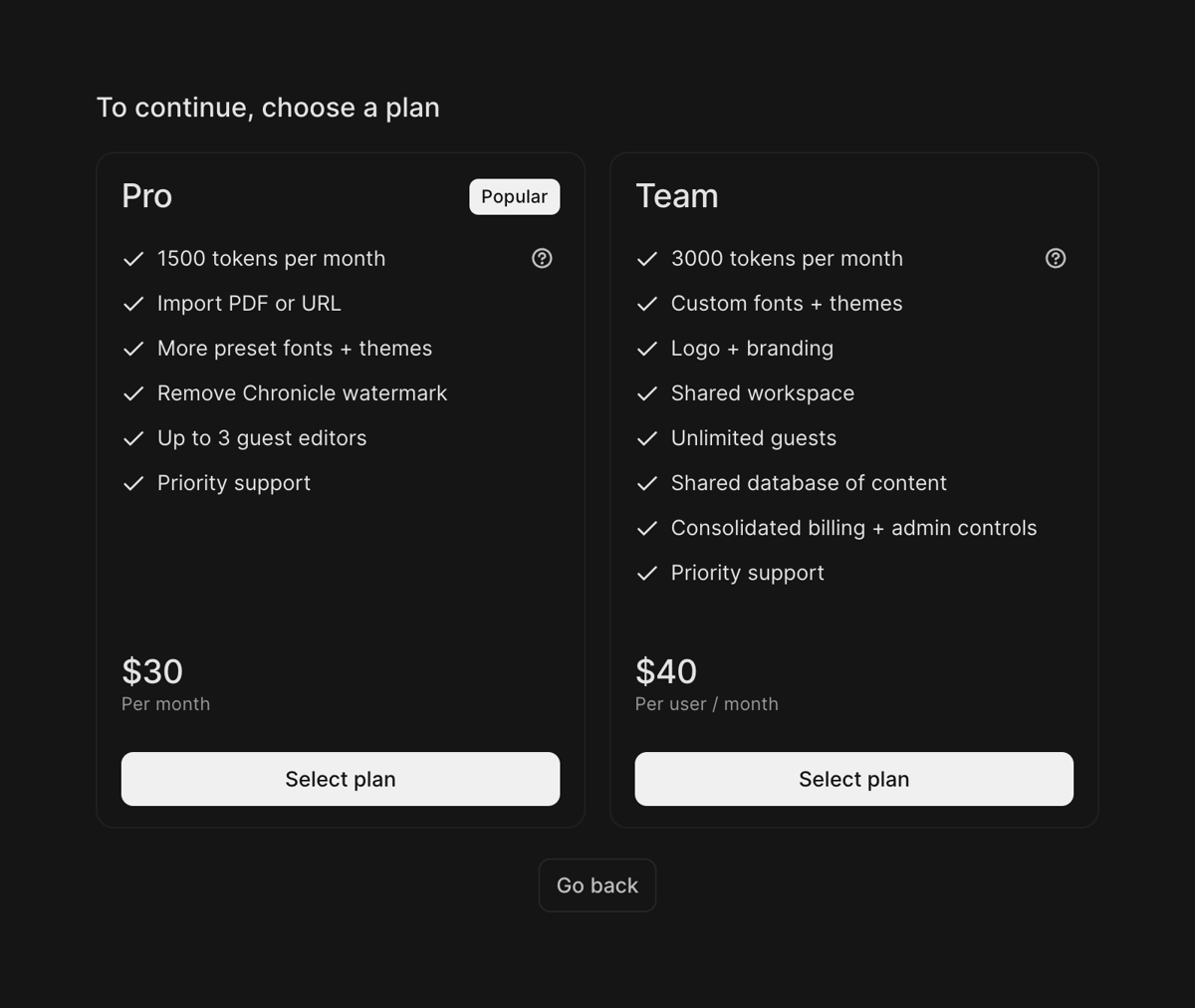 Chronicle
				pricing section ui component