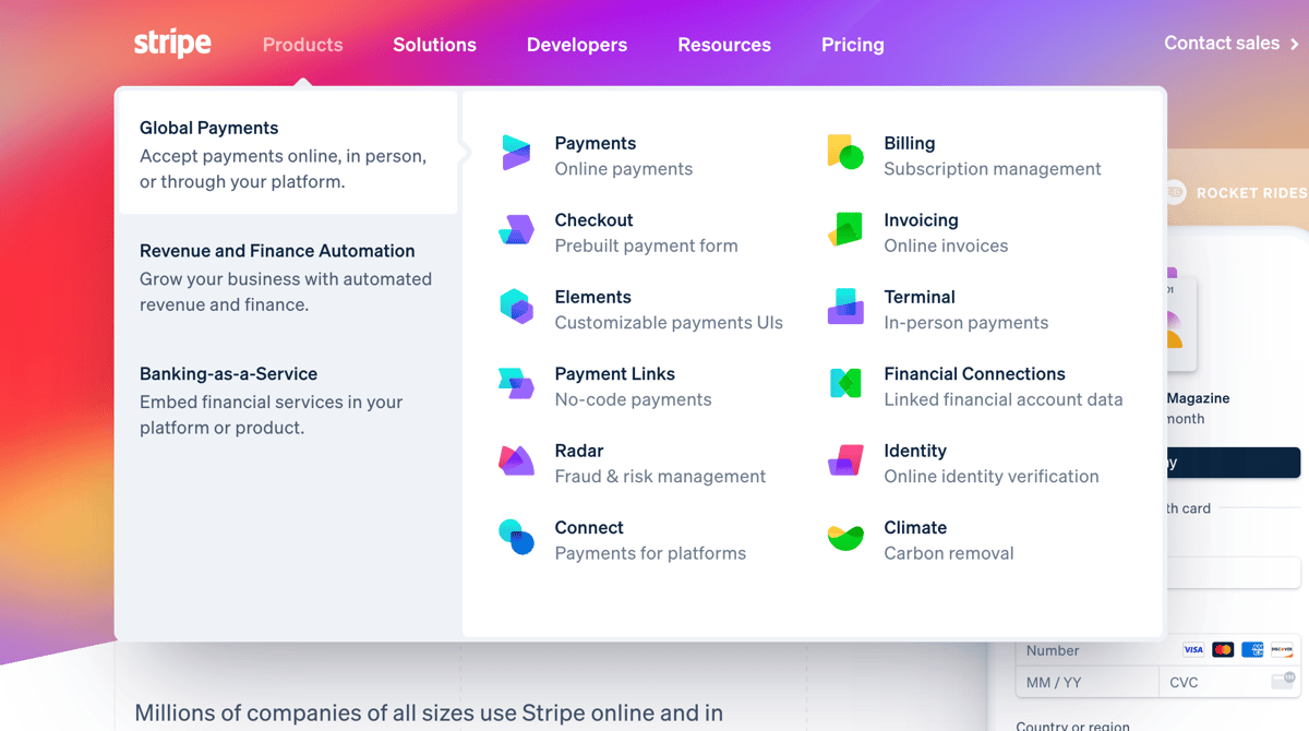 Stripe
				flyout menu ui component