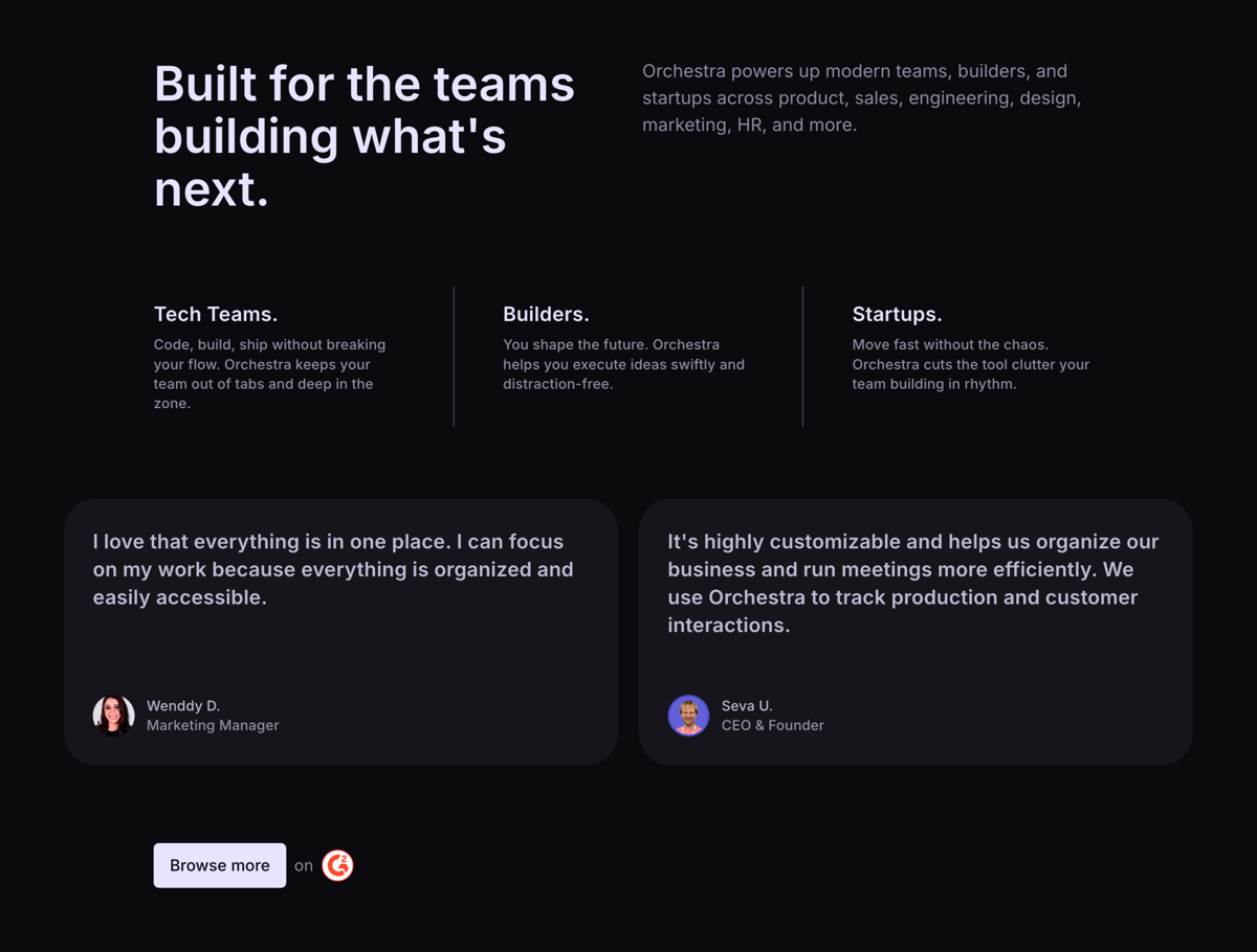 Orchestra
			card layout project management testimonials ui component