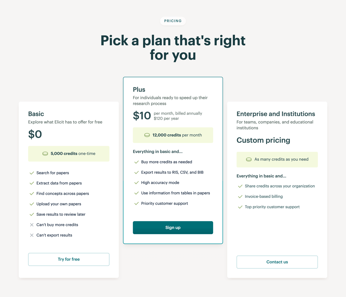 Elicit
				pricing section ui component
