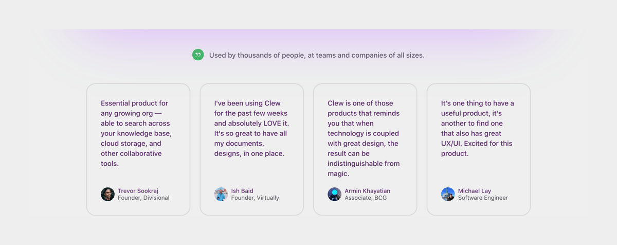 Clew
				testimonial ui component