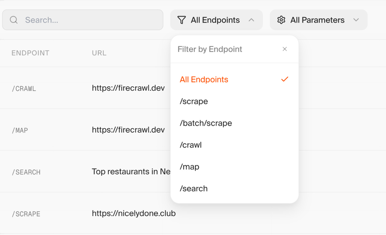 Firecrawl — Sorting & filtering component