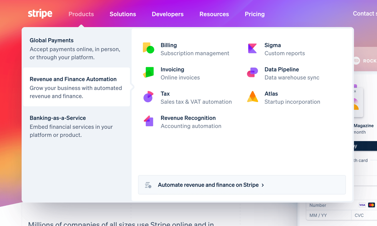 Stripe — Flyout menu component