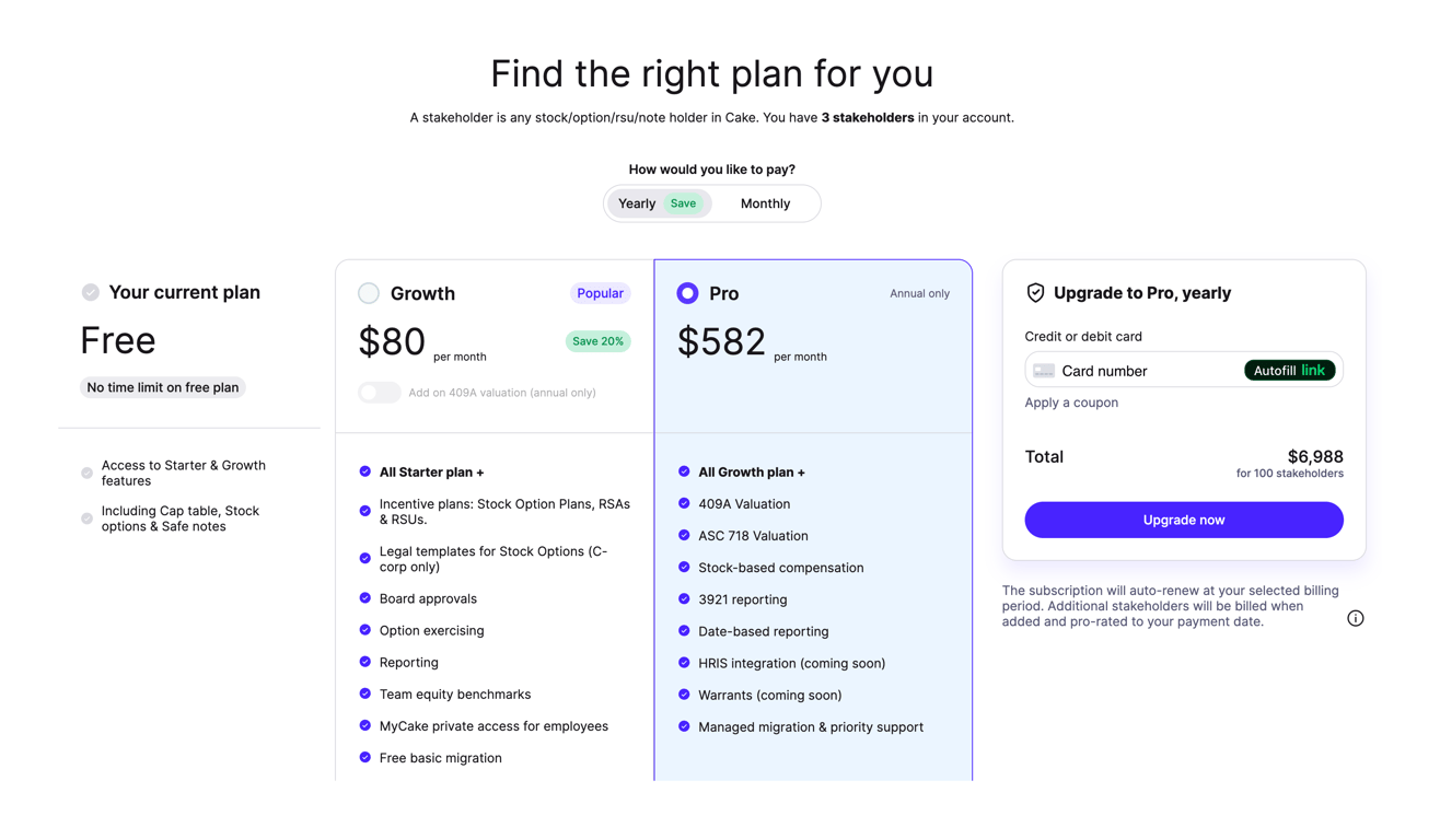 Cake — Pricing section component