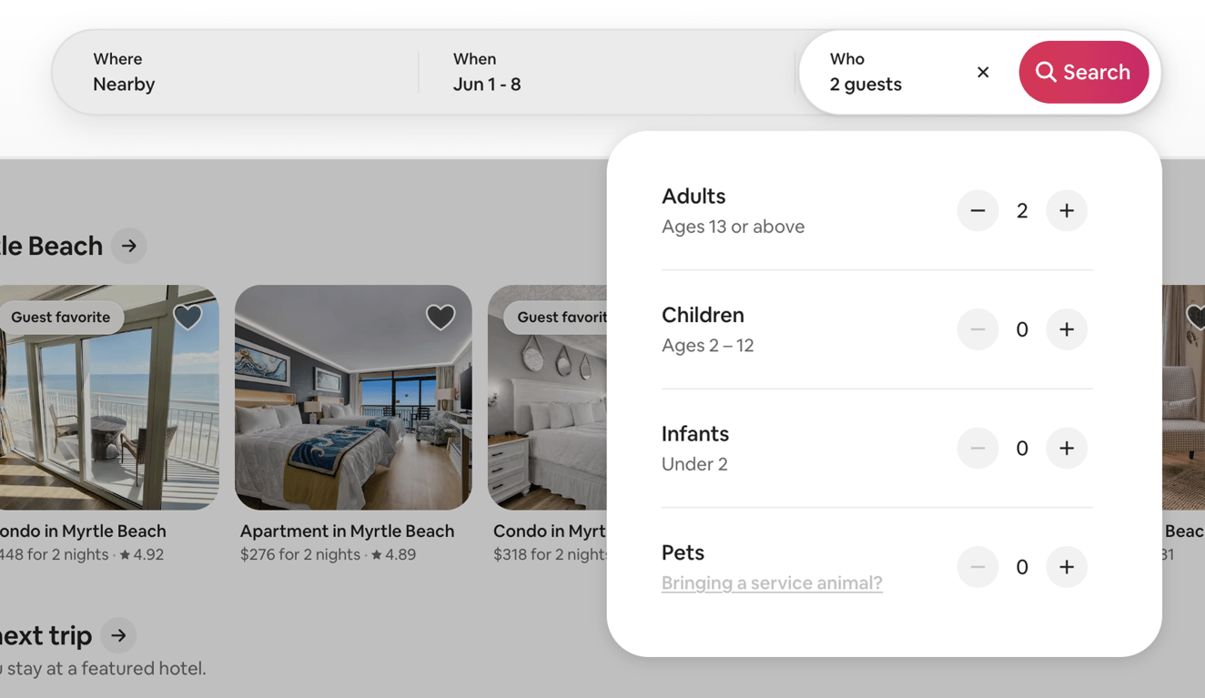 Airbnb — Sorting & filtering component