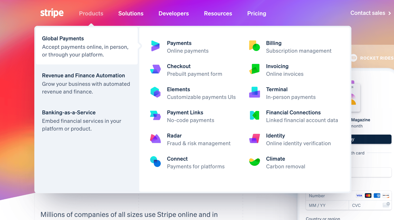 Stripe — Flyout menu component