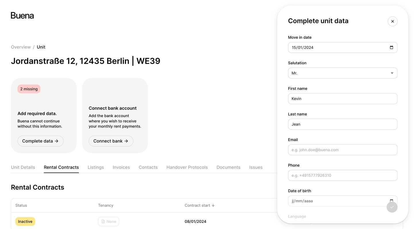 Buena
			onboarding form modal & popover       ui page example from Buena saas app