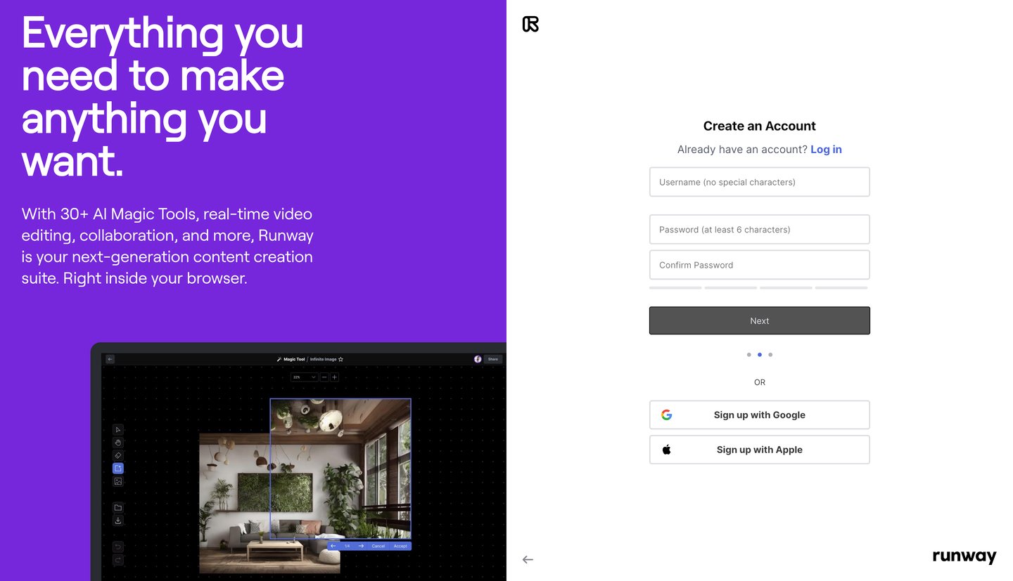 Runway
			signup            ui page example from Runway saas app