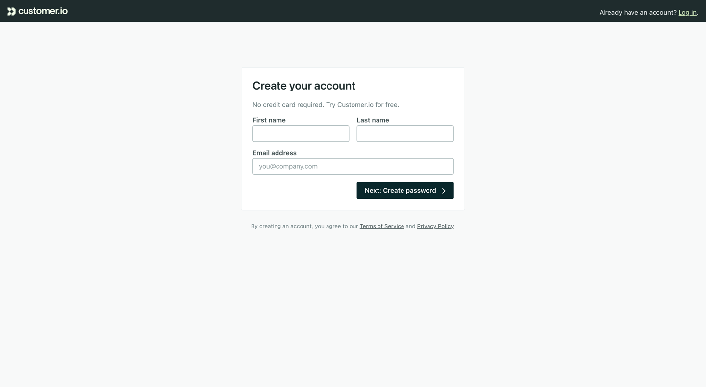 Customer.io
			signup        ui page example from Customer.io saas app
