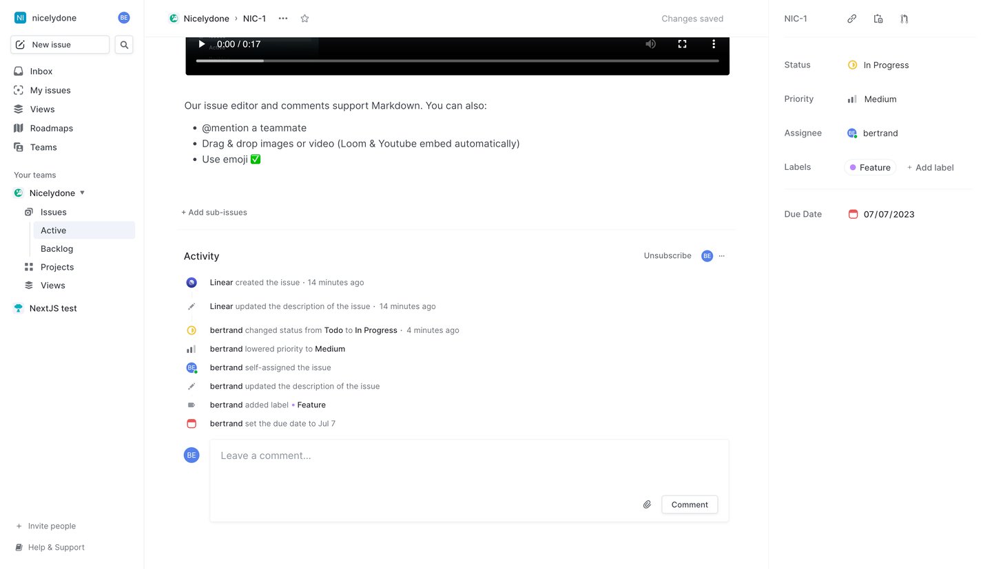 Linear
			detail page timeline    ui page example from Linear saas app