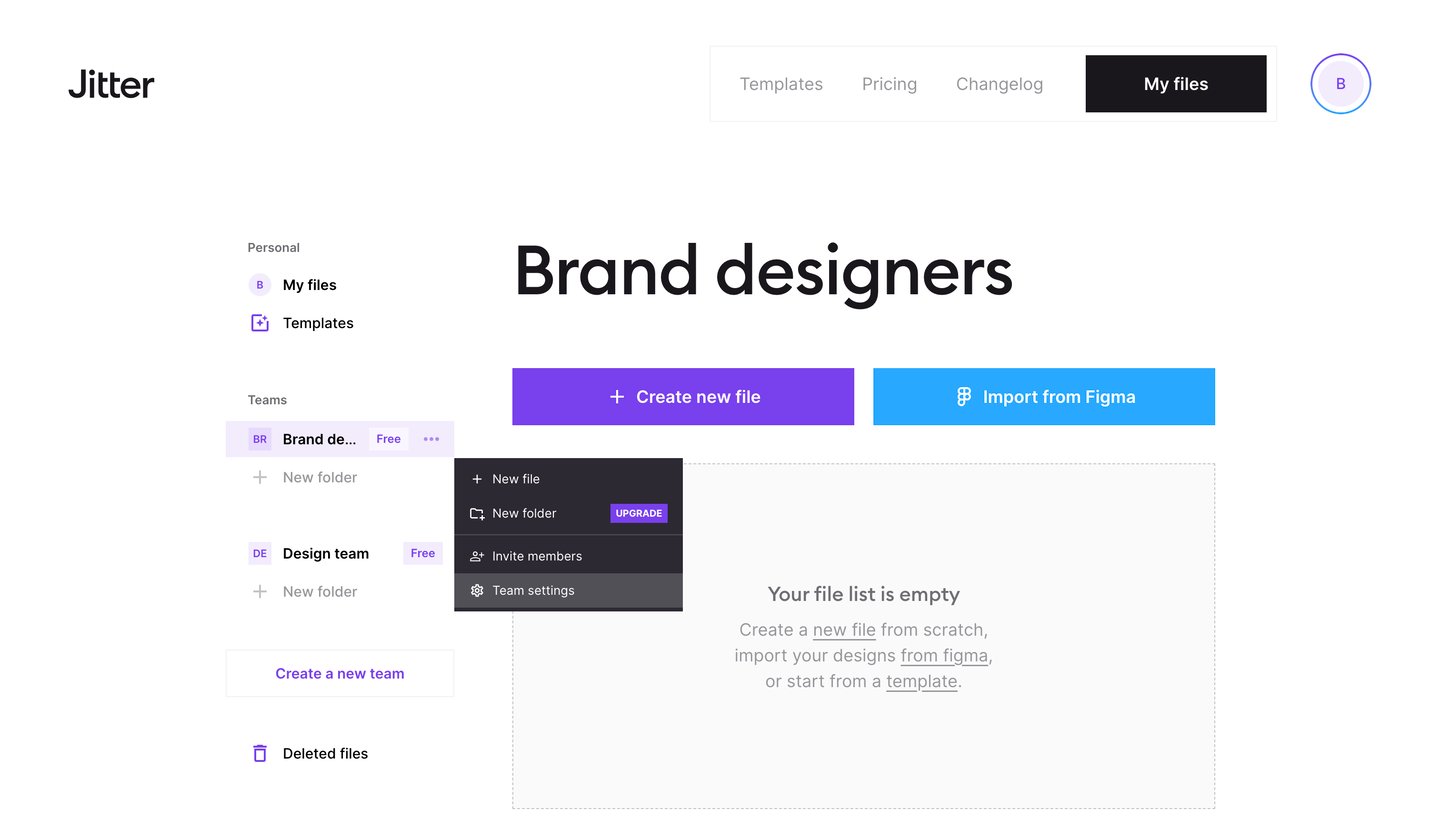 Jitter
			empty state create team upload collection settings                         ui page example from Jitter saas app