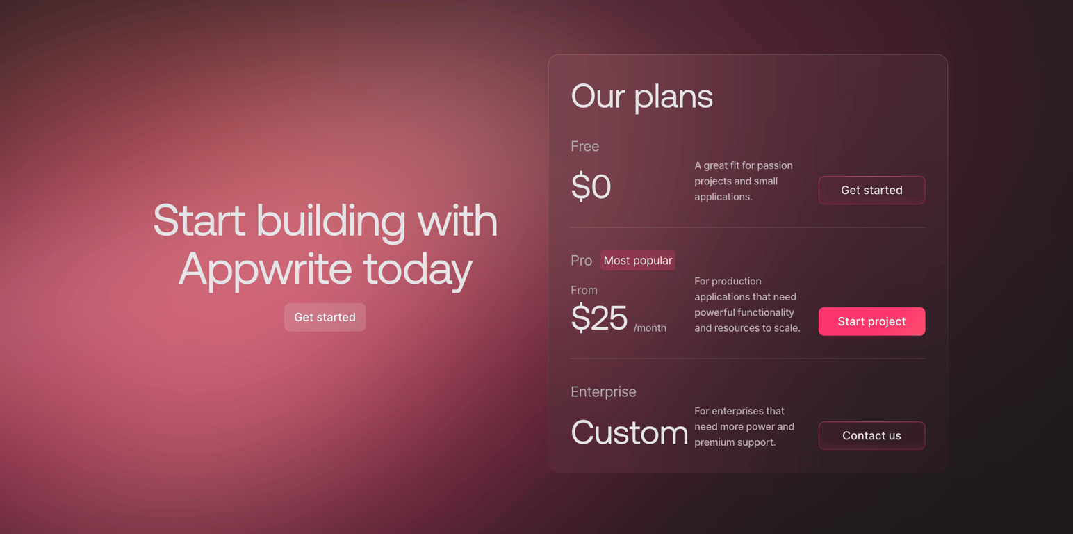 Appwrite — Pricing section component