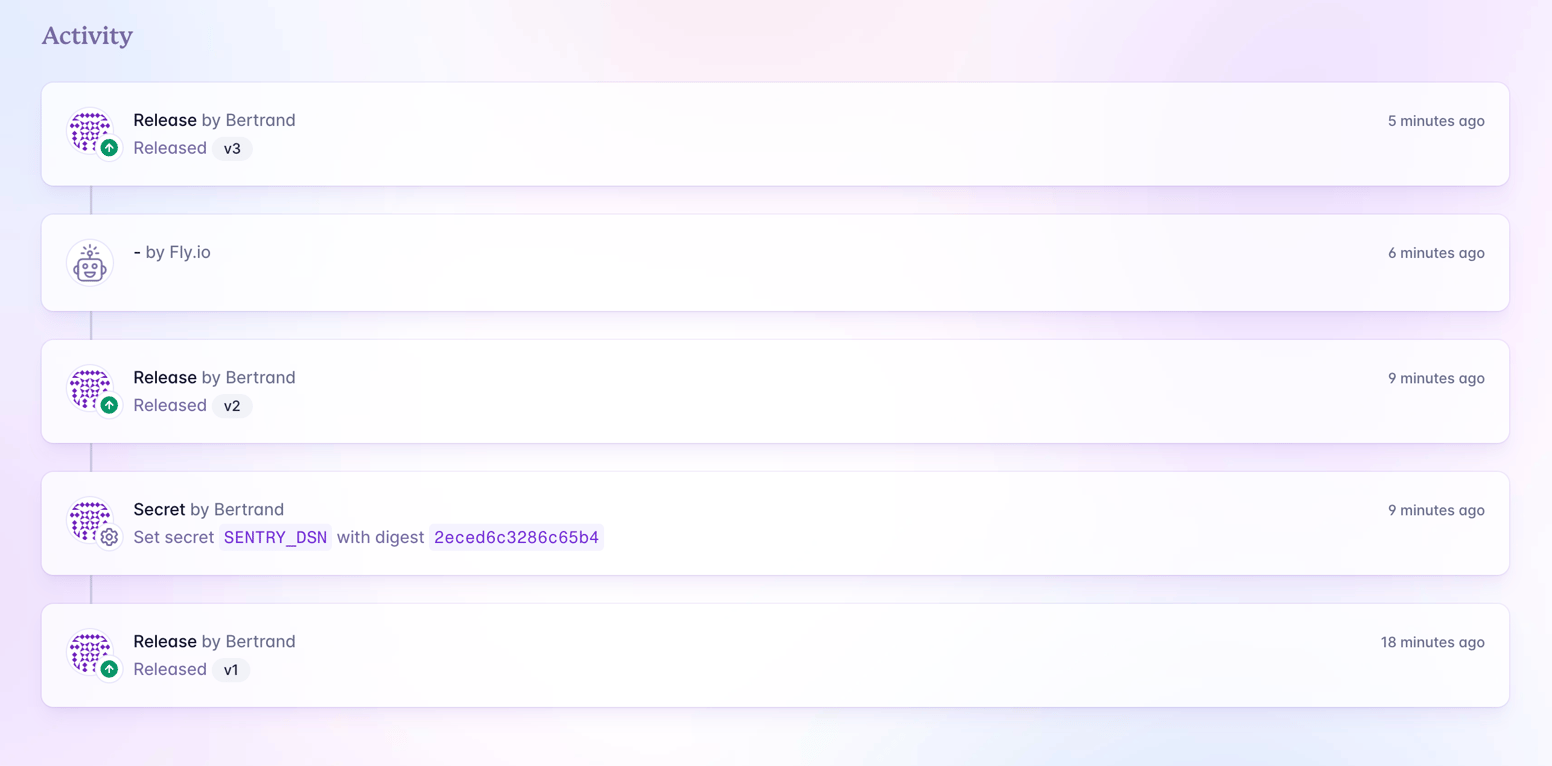 Fly — Timeline & history component