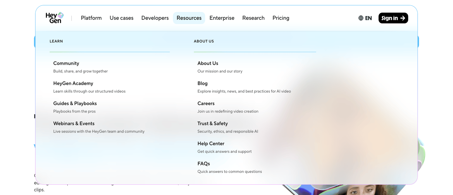 HeyGen — Flyout menu component