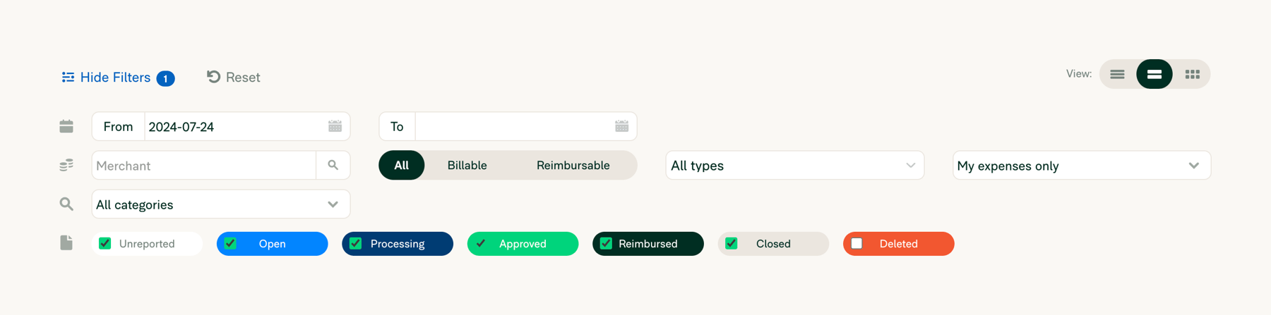 Expensify — Sorting & filtering component