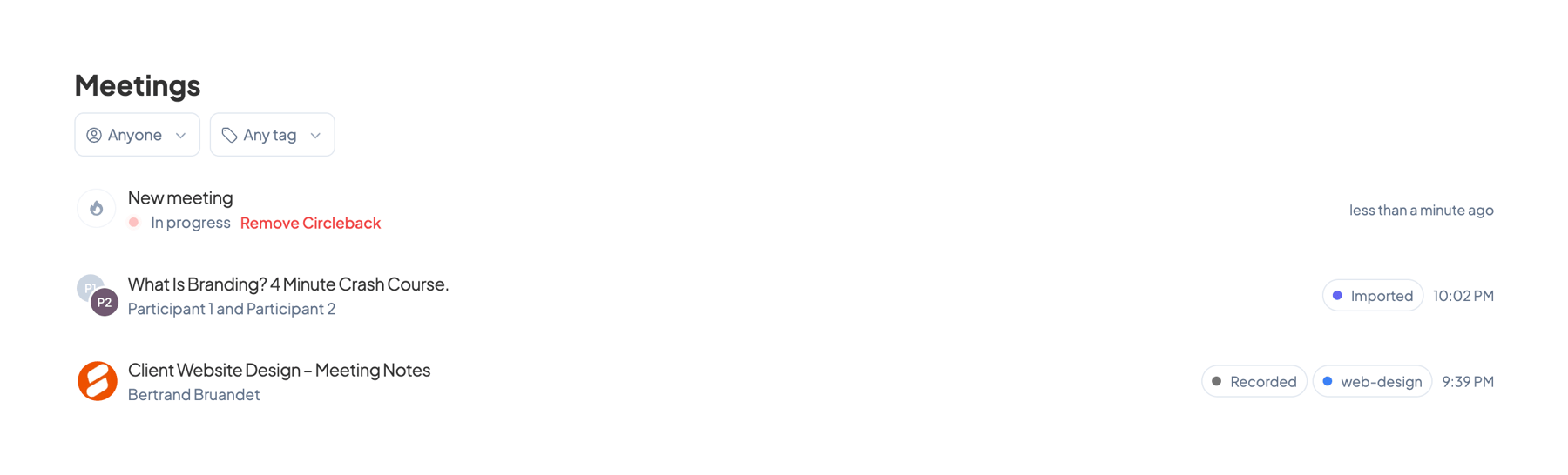 Circleback — Vertical list component