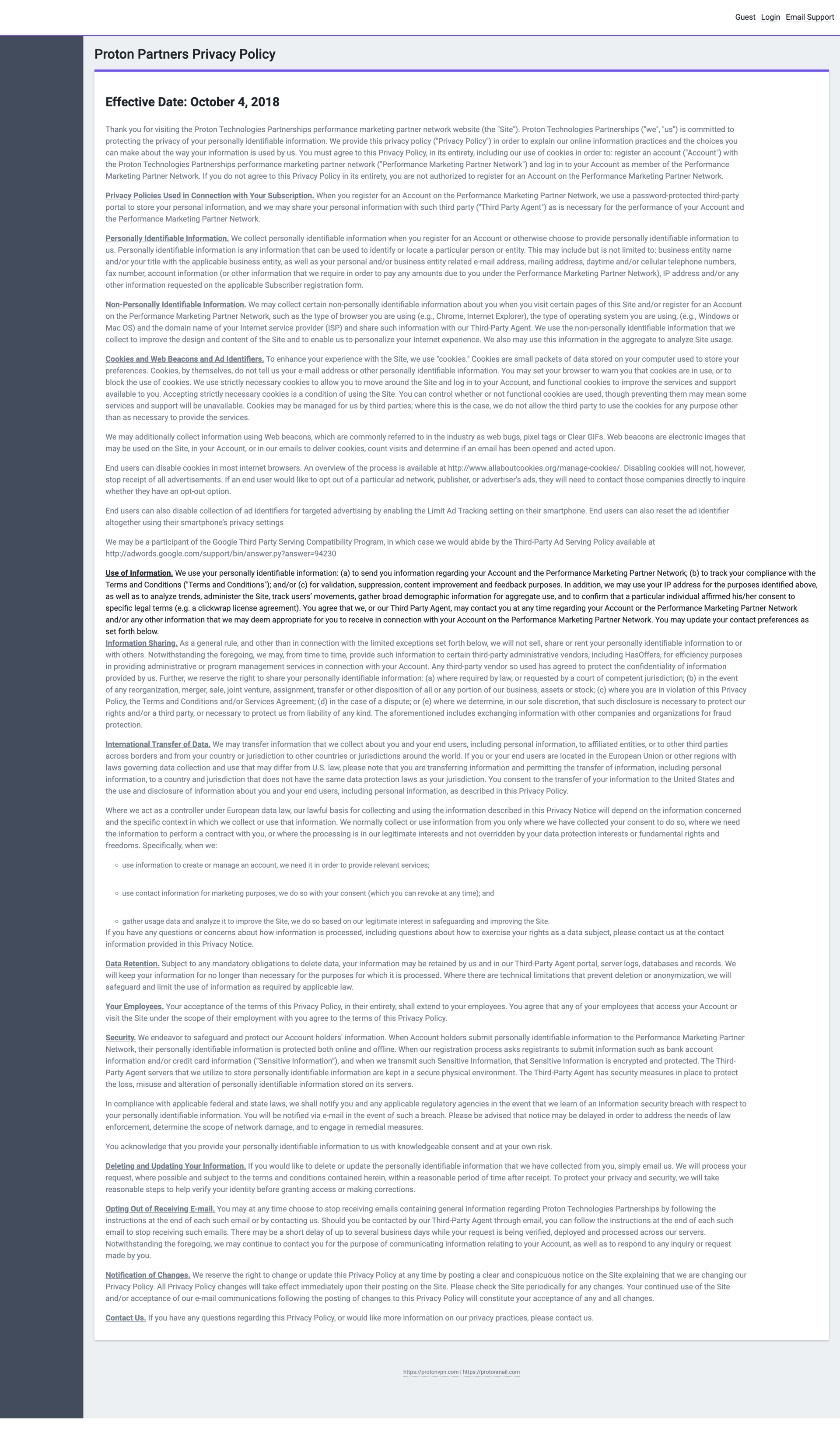 Proton
				privacy policy page example