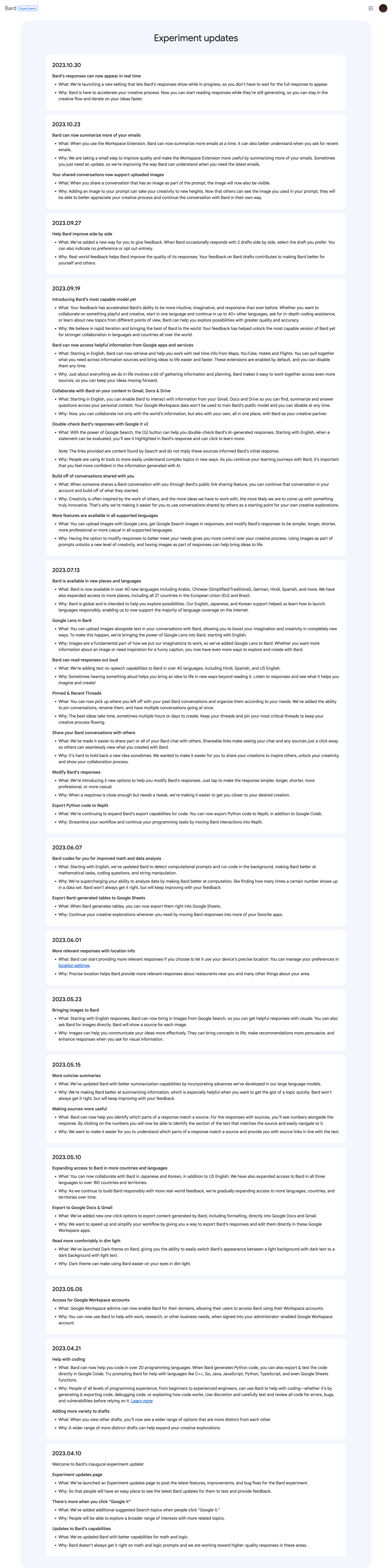 Bard
				changelog (product) page example