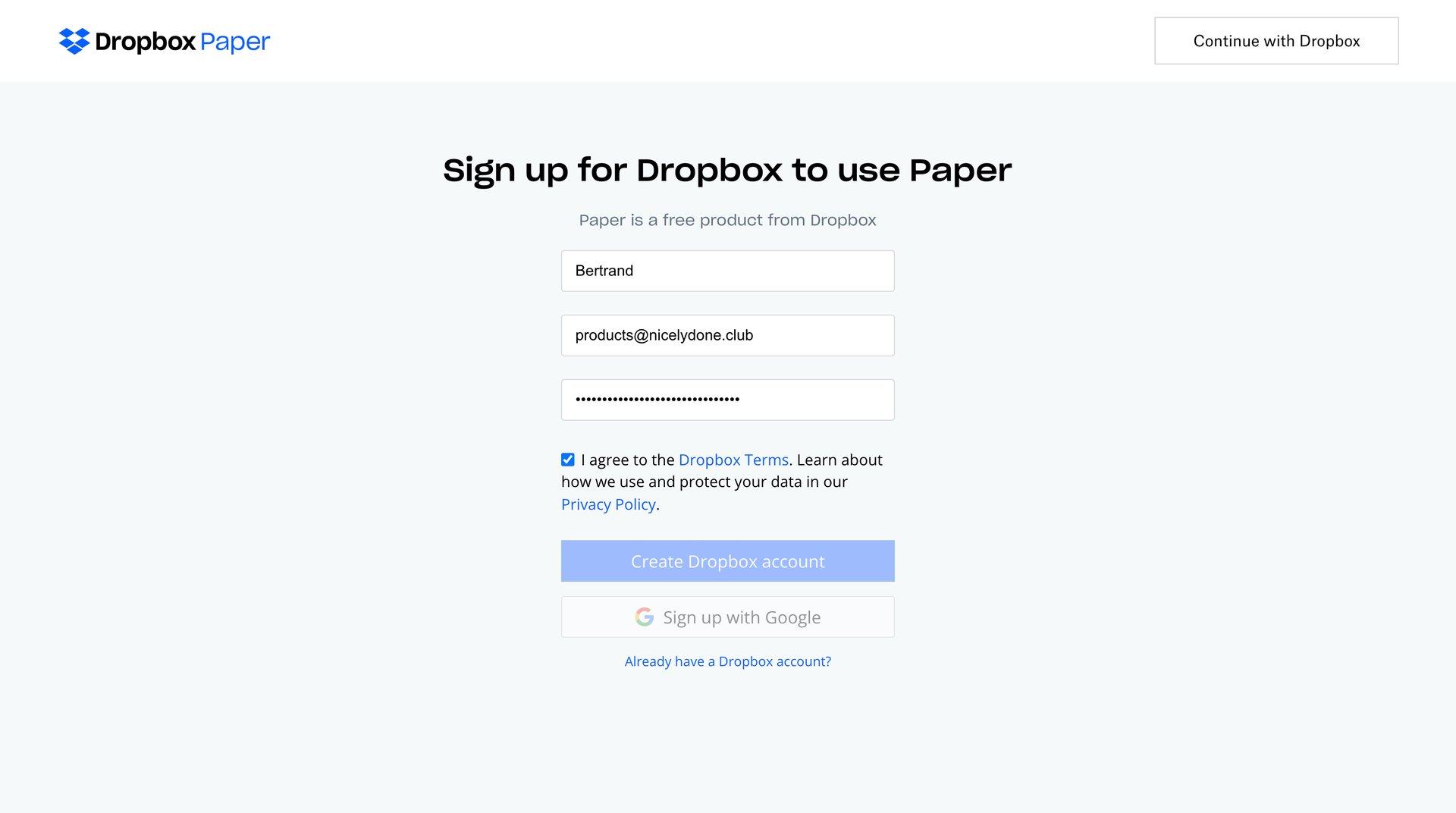 Dropbox paper
				signup page example