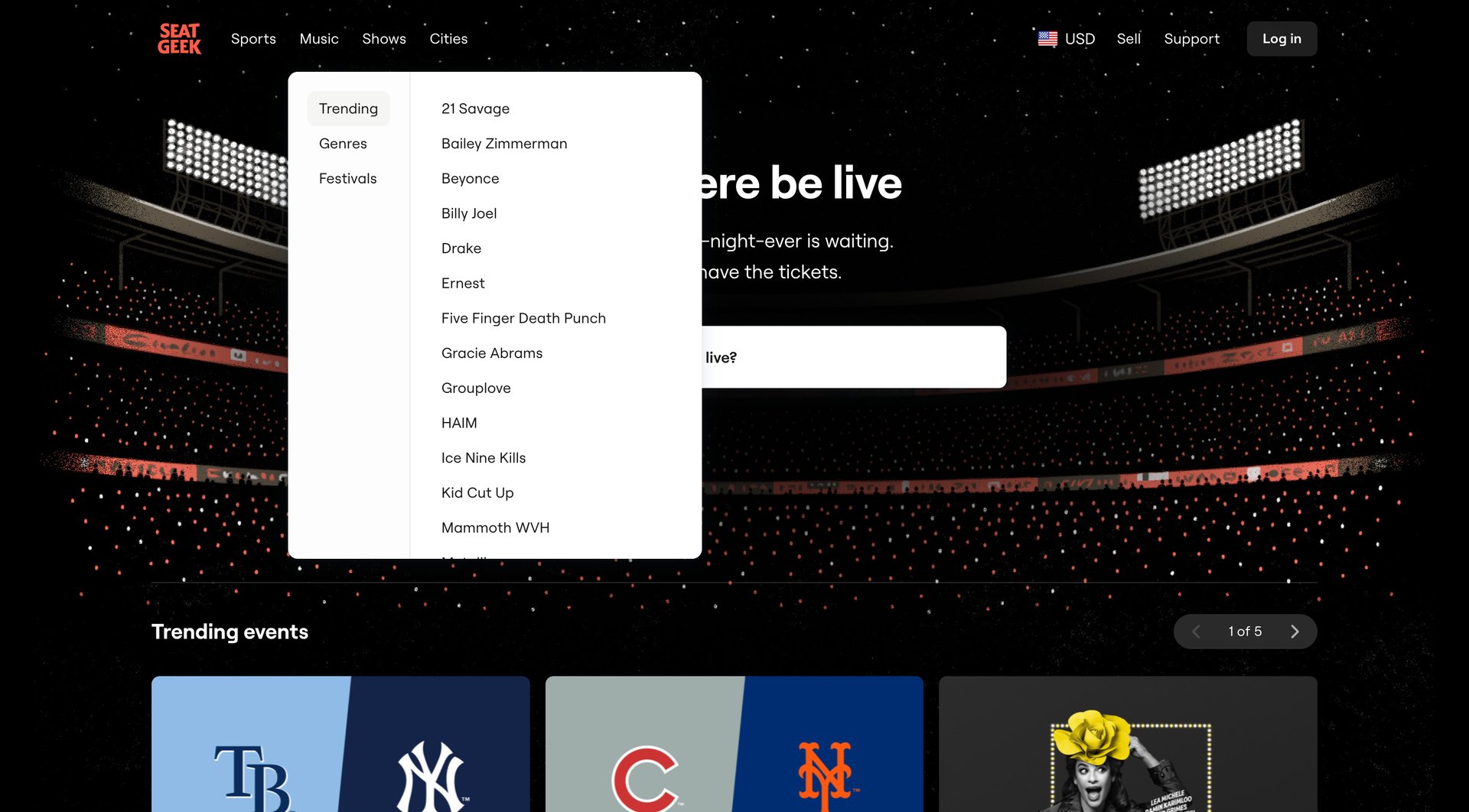 SeatGeek
				dropdown & other states page example
