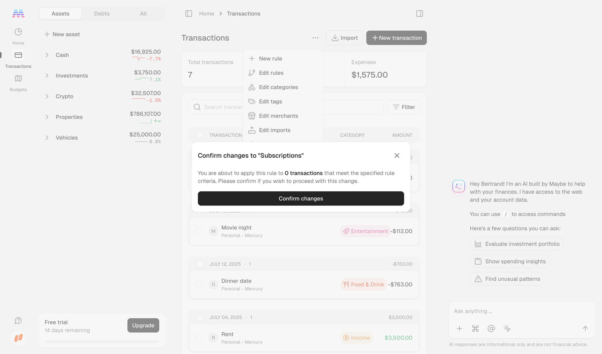Maybe Finance screen example