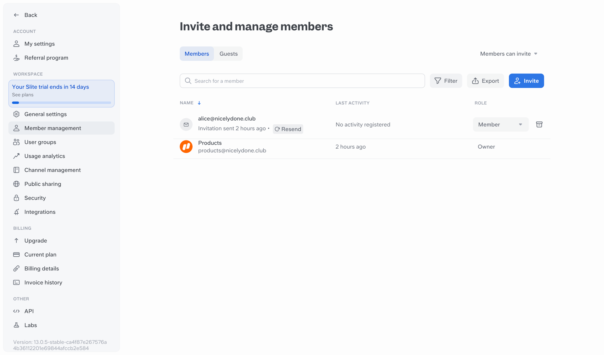Slite
			sidebar settings user management table ux ui design