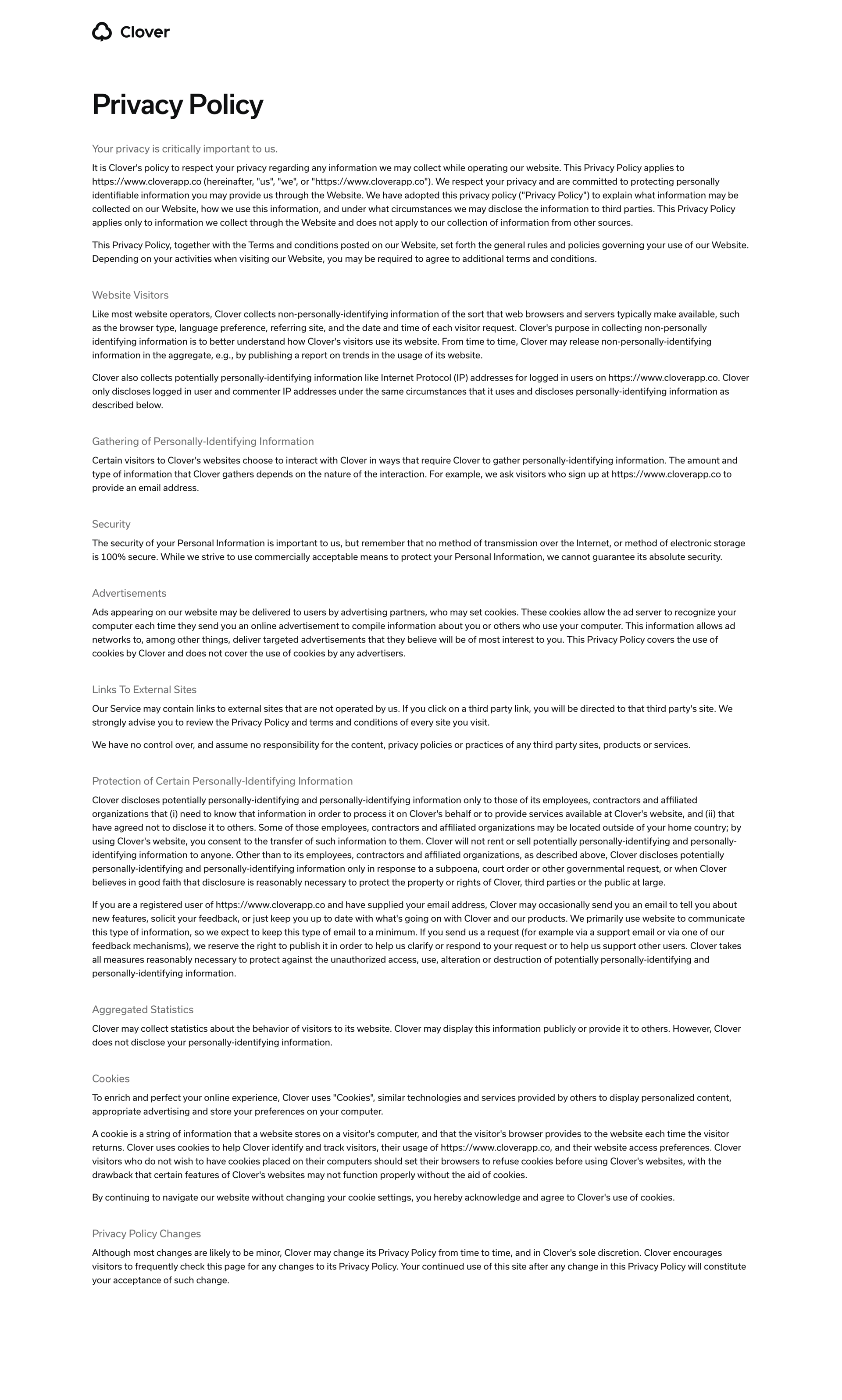 Clover
				privacy policy page example