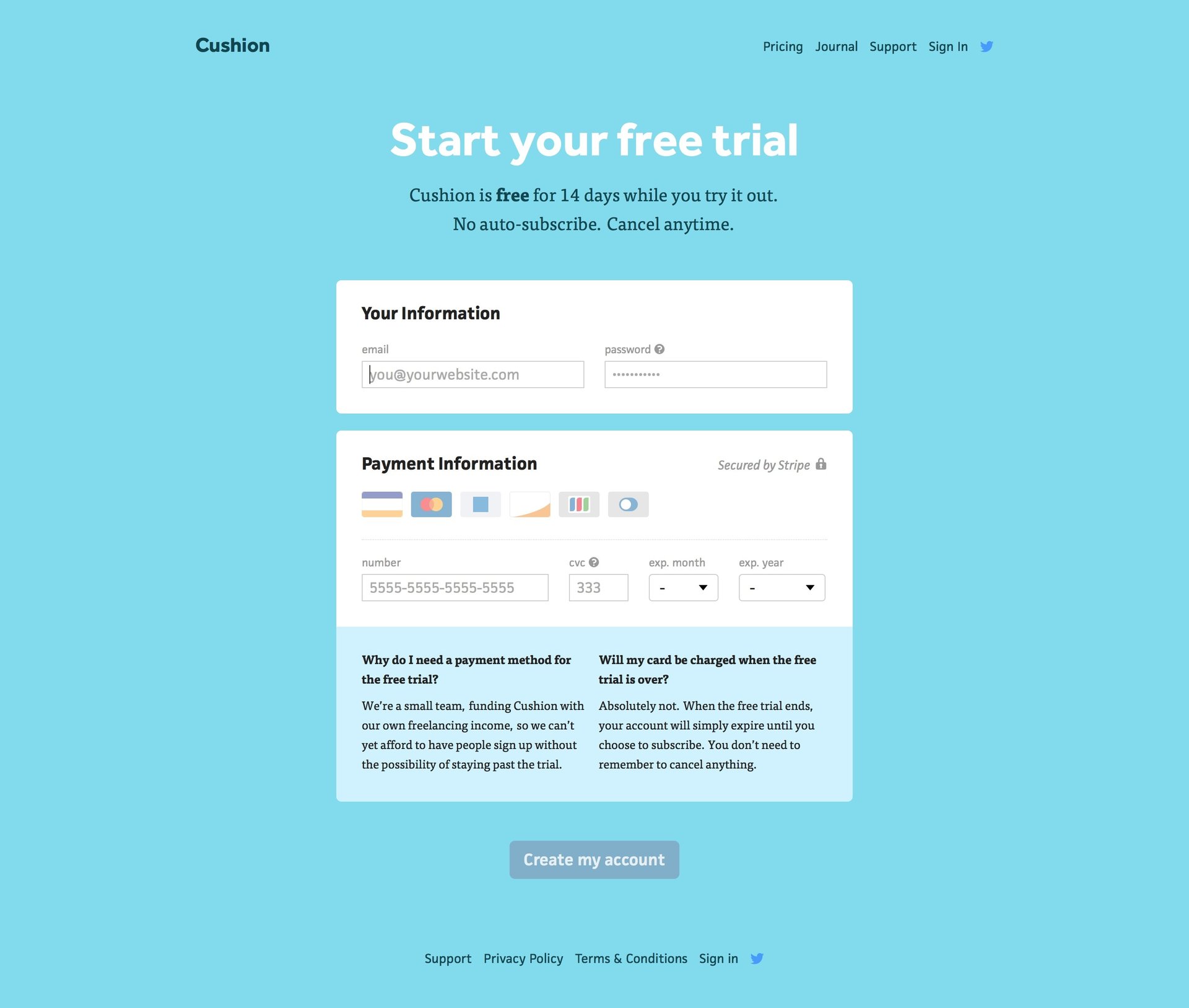 Cushion
				signup page example