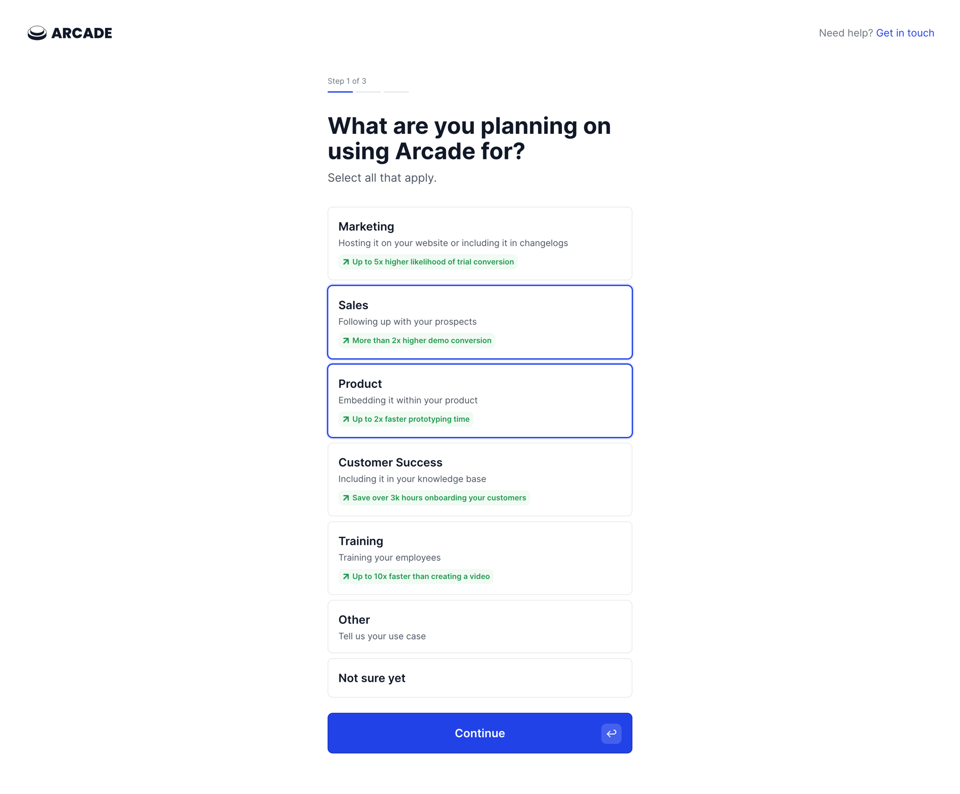 Arcade
				onboarding page example