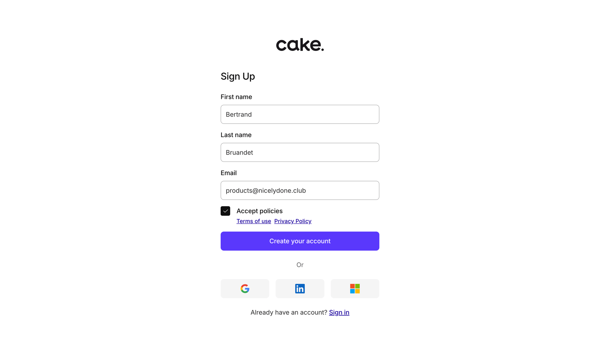 Cake screen example