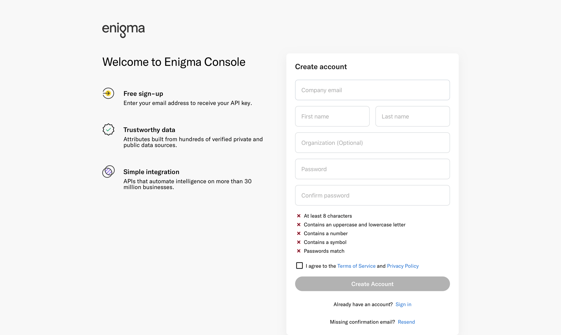 Enigma
				signup page example