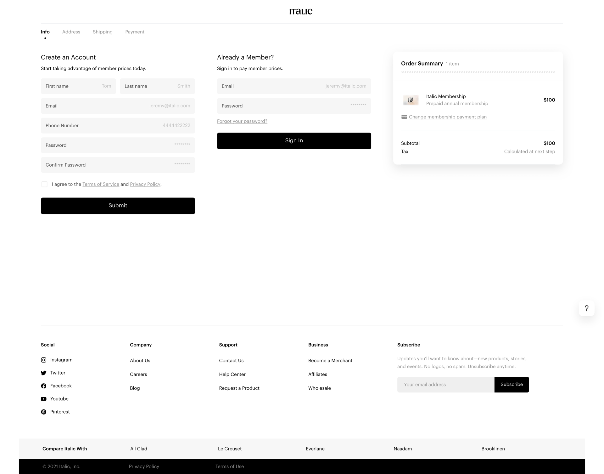 Italic
				checkout page example