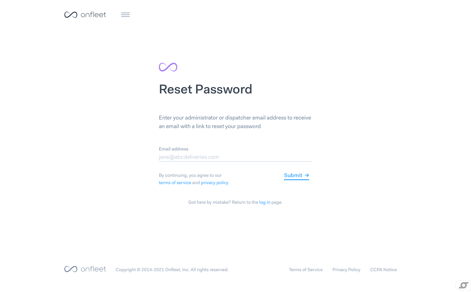Onfleet
				password reset page example