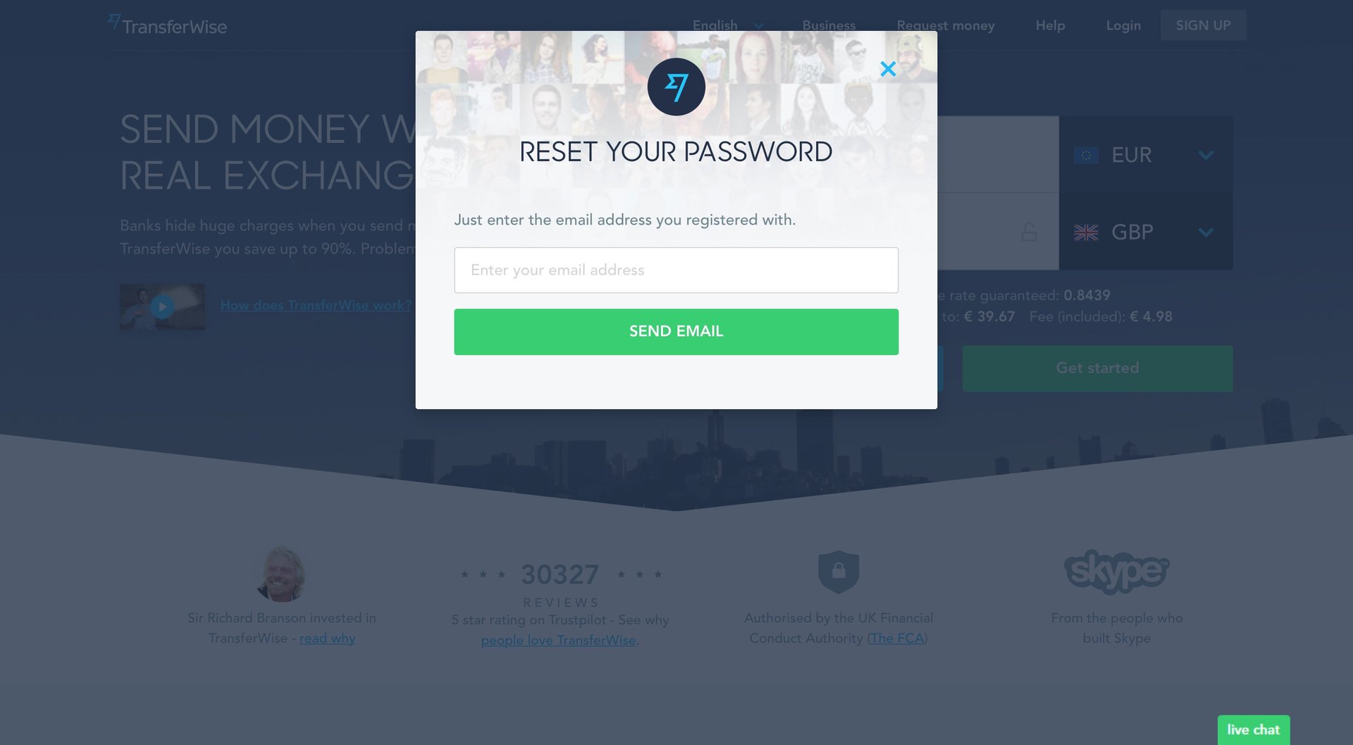 TransferWise
				password reset page example