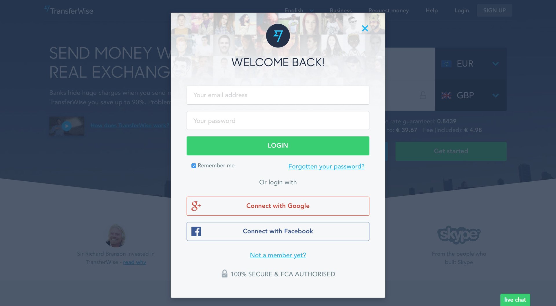 TransferWise
				signin page example