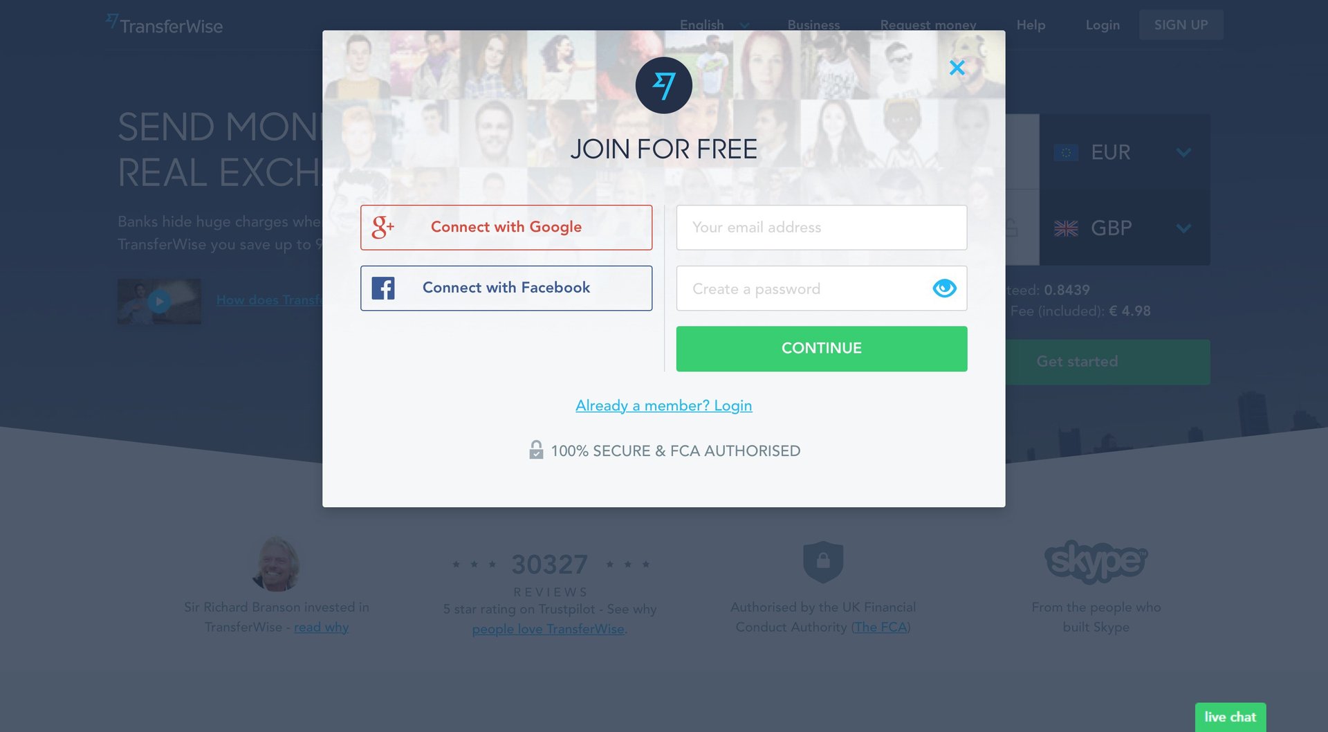 TransferWise
				signup page example