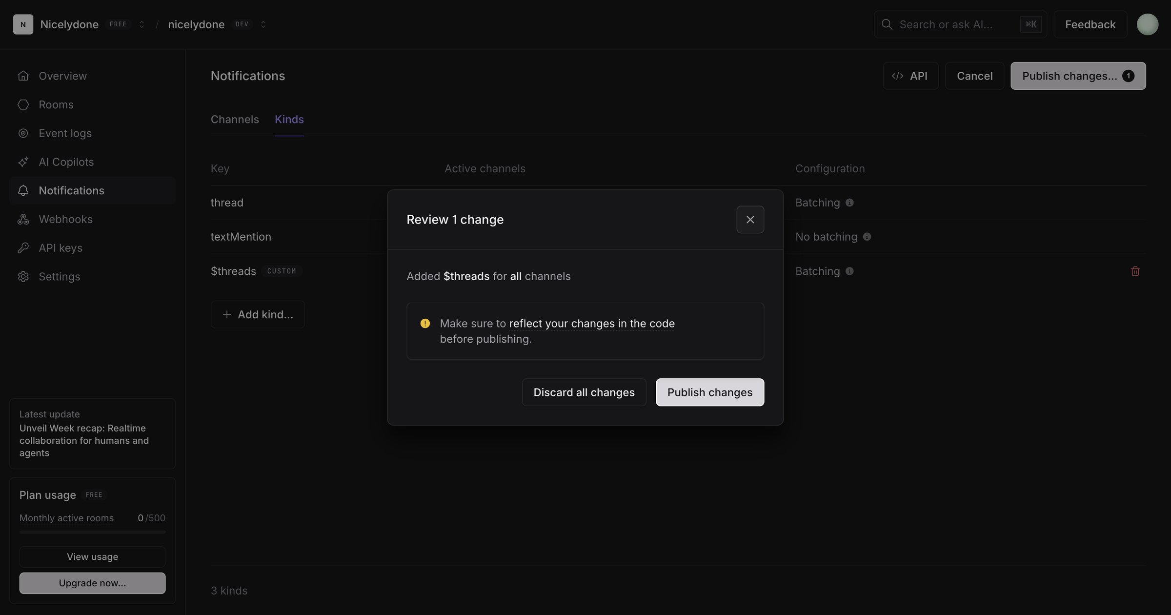 Liveblocks - nicelydone (Development) | Notification Kinds screen
