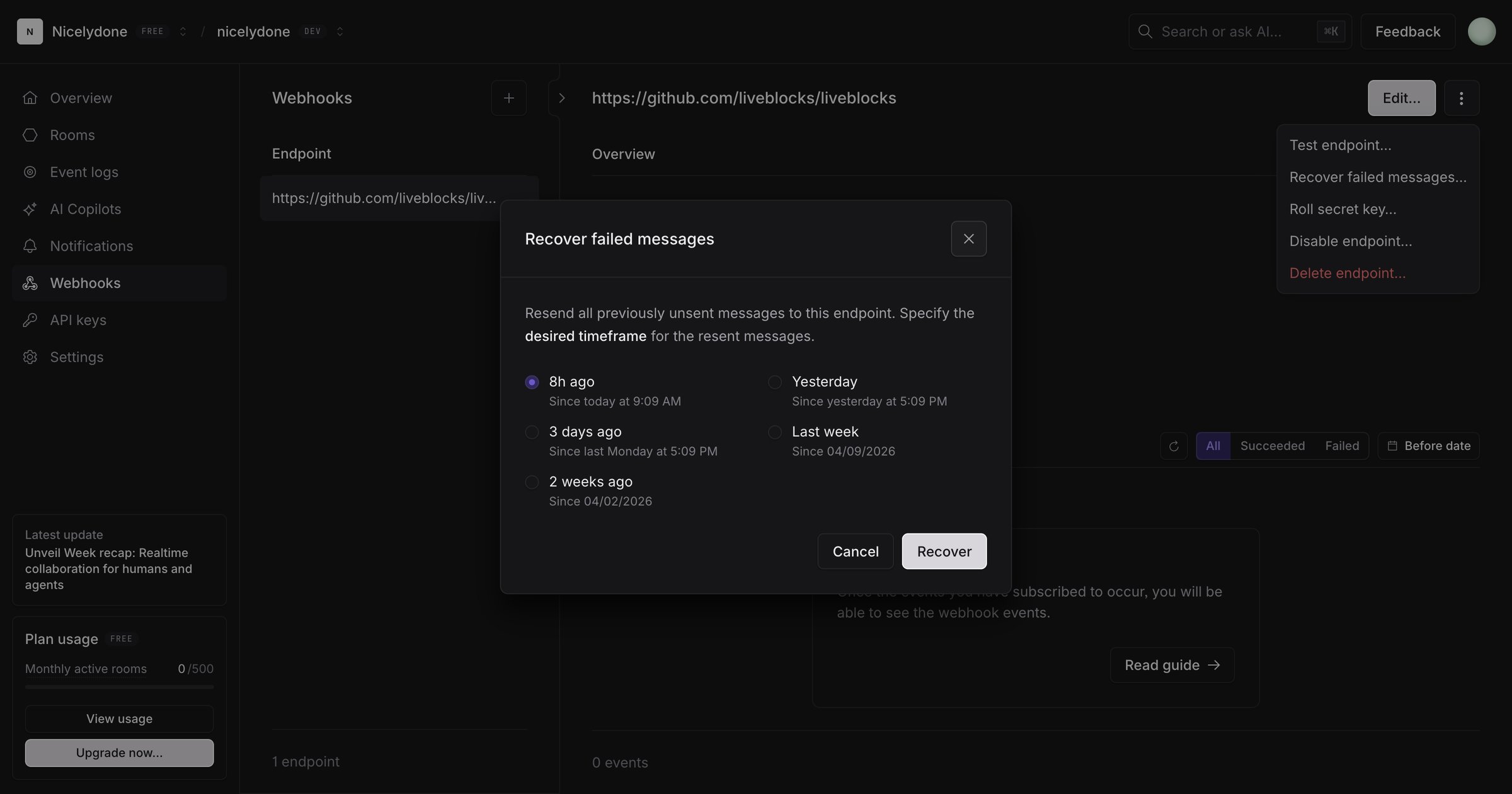 Liveblocks - nicelydone (Development) | nicelydone (Development) | Webhooks screen